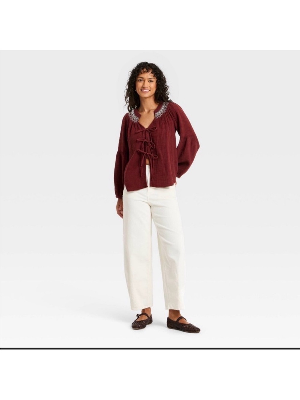 Women's Raglan Long Sleeve Tie-Front Blouse - Universal Thread™ Maroon new 🆕 - Picture 4 of 4